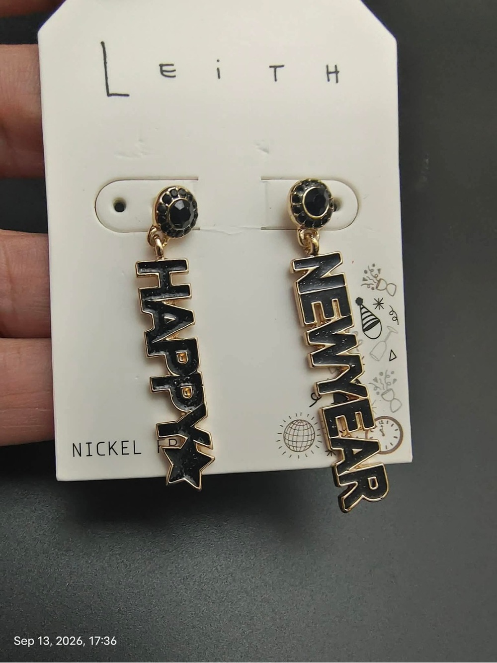 NWOT Leith Black & Gold "Happy New Year" Drop Earrings
